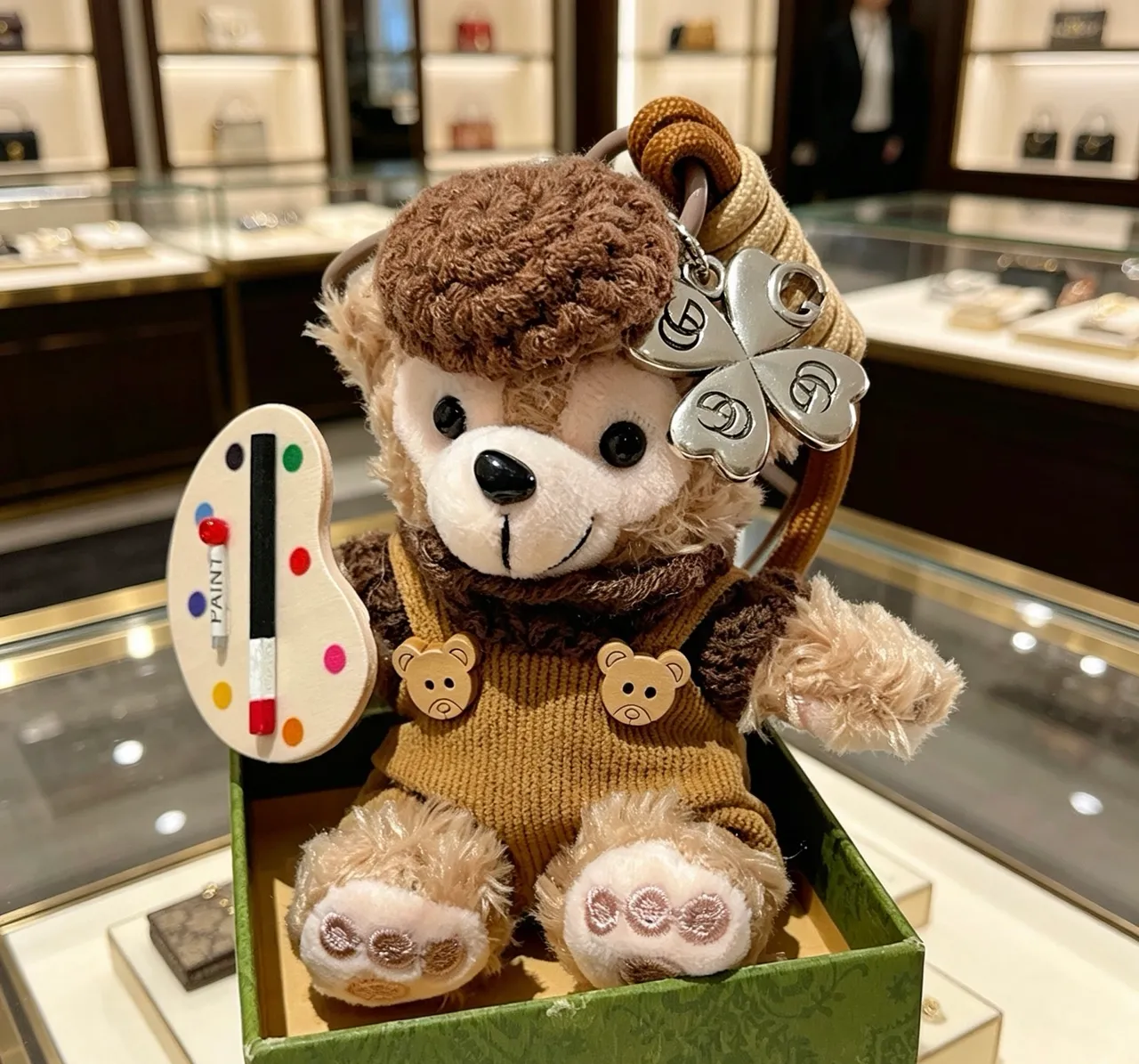 Gucci Brown Beige Plush Bear Knit Overalls Handbag 6