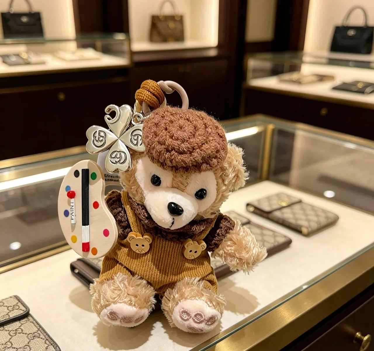 Gucci Brown Beige Plush Bear Knit Overalls Handbag 8