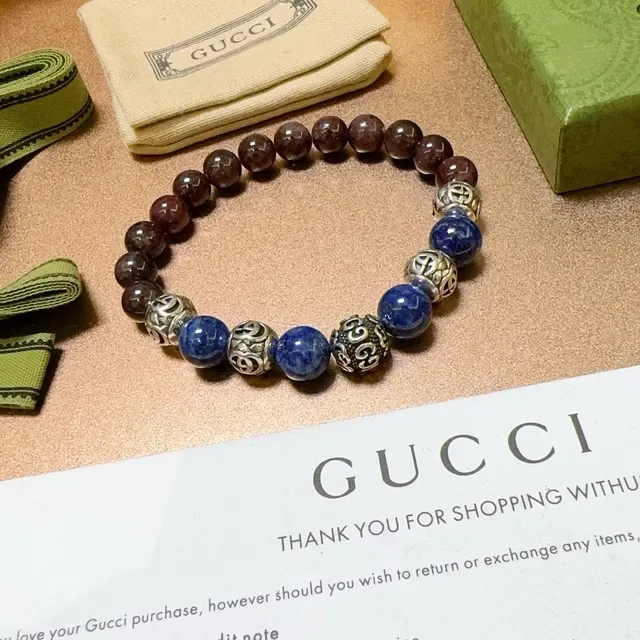 Gucci Brown Blue Beaded Stretch Design Polished Gemstone-Style Beads Bracelet 3