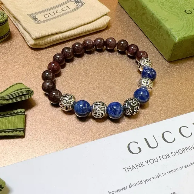 Gucci Brown Blue Beaded Stretch Design Polished Gemstone-Style Beads Bracelet 7