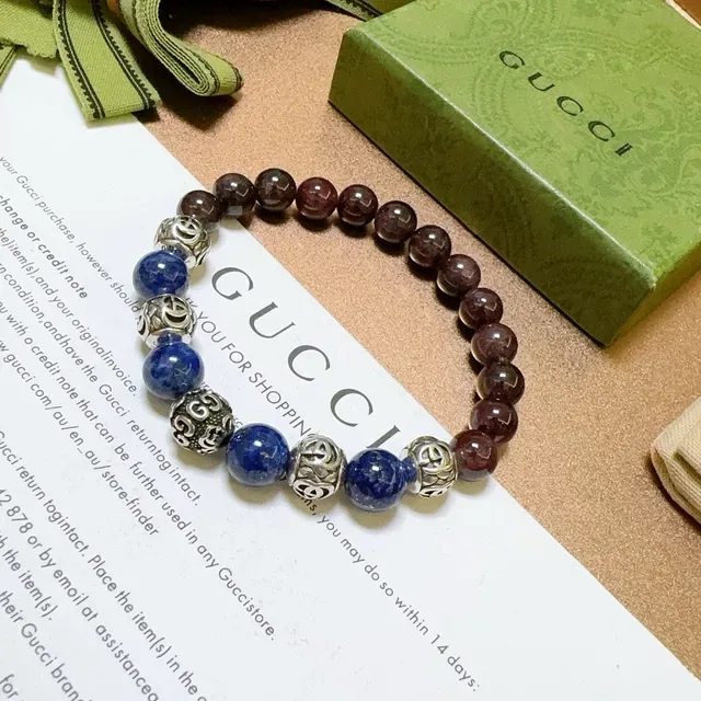 Gucci Brown Blue Beaded Stretch Design Polished Gemstone-Style Beads Bracelet 9