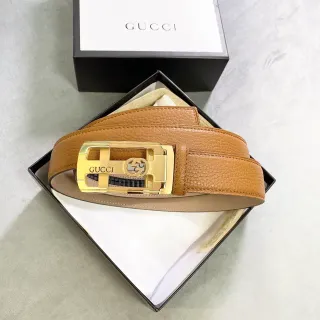 Gucci বাদামী সোনালী পেবল্ড আয়তাকার বকল লেদার বেল্ট