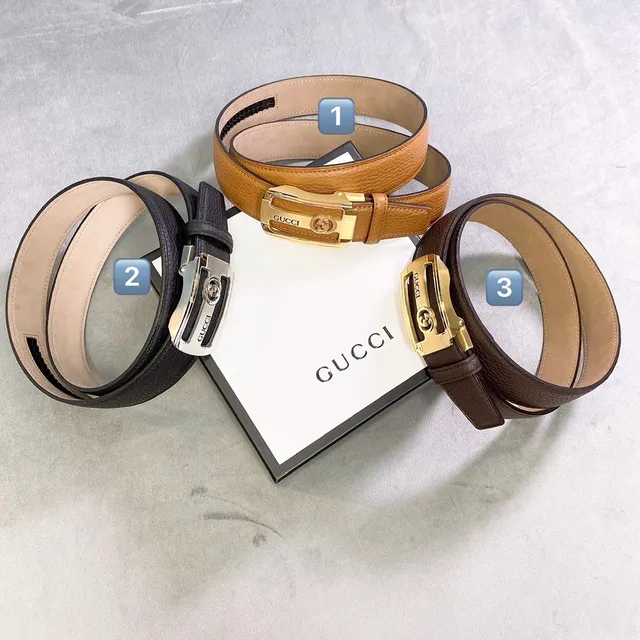 Gucci Brown Gold Pebbled Rectangular Buckle Leather Belt 3