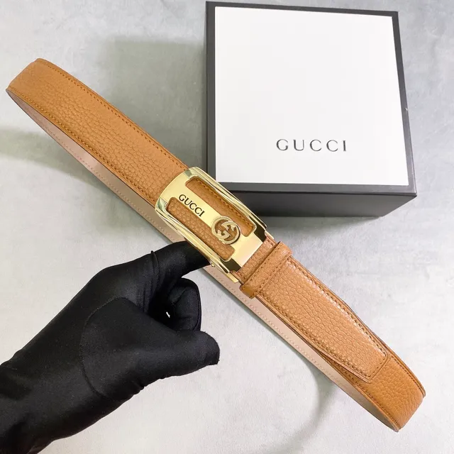 Gucci Brown Gold Pebbled Rectangular Buckle Leather Belt 4