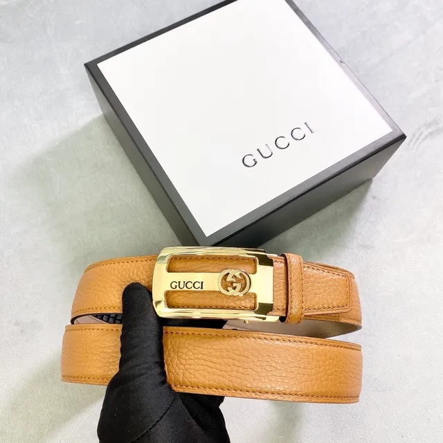 Gucci Brown Gold Pebbled Rectangular Buckle Leather Belt 5