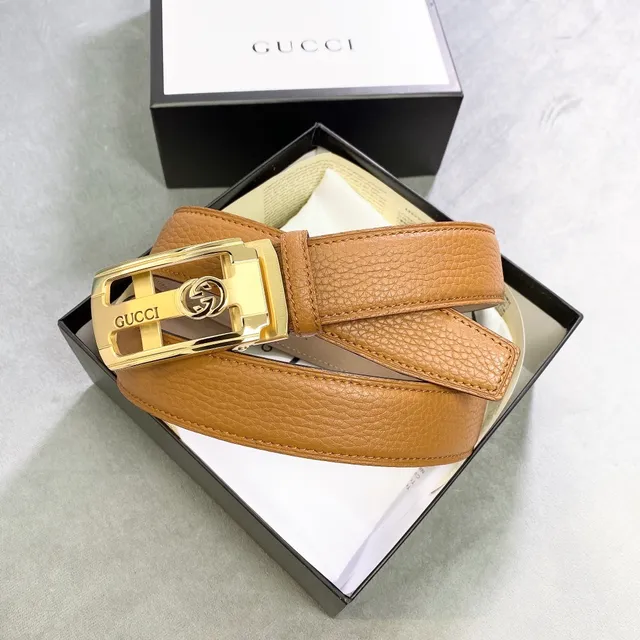 Gucci Brown Gold Pebbled Rectangular Buckle Leather Belt 6