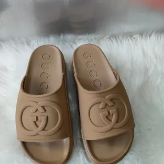 Gucci Brown Molded Rubber Embossed Logo Slippers
