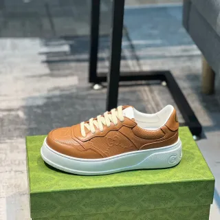 Gucci Brown White Embossed Interlocking G Logo Perforated Leather Panels Lifestyle Sneakers