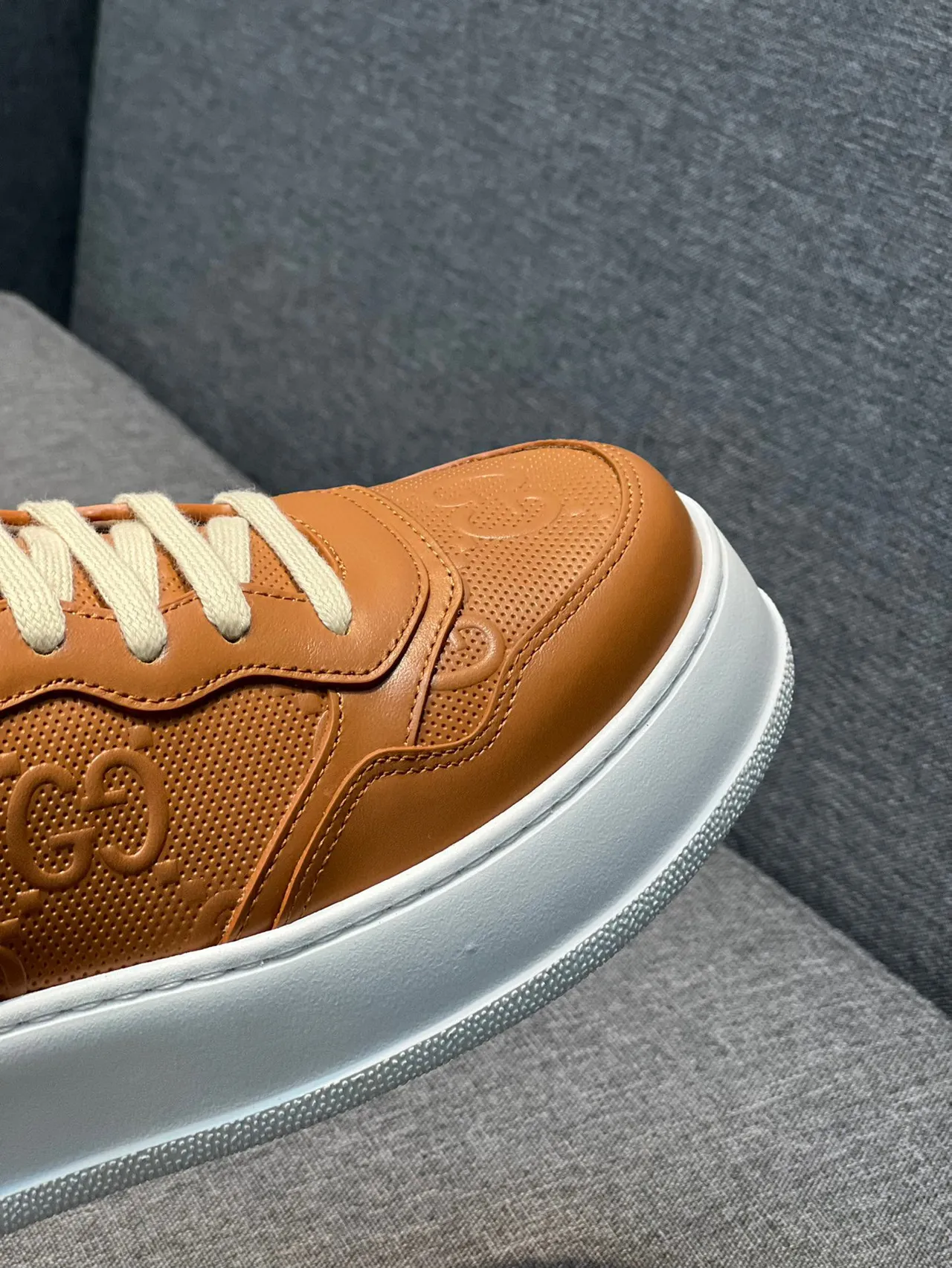 Gucci Brown White Embossed Interlocking G Logo Perforated Leather Panels Lifestyle Sneakers 3