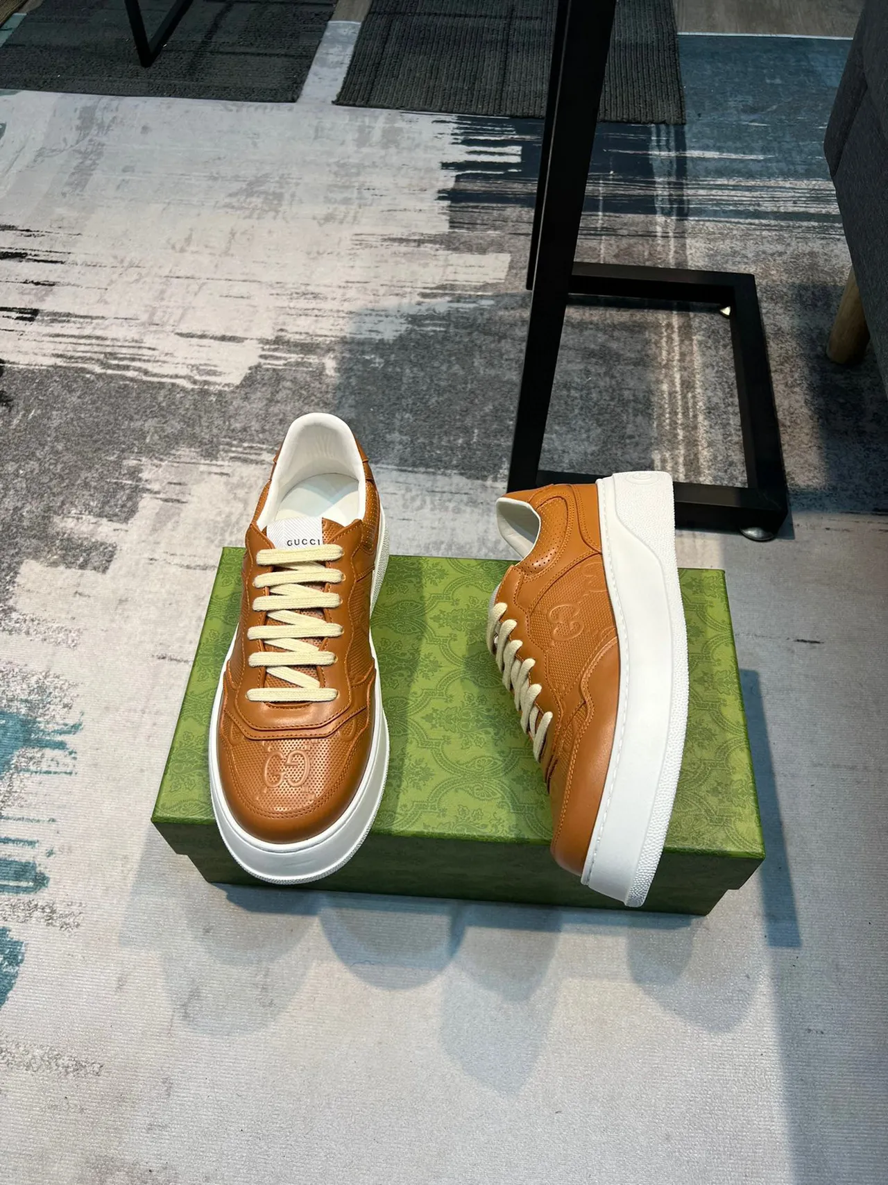 Gucci Brown White Embossed Interlocking G Logo Perforated Leather Panels Lifestyle Sneakers 4
