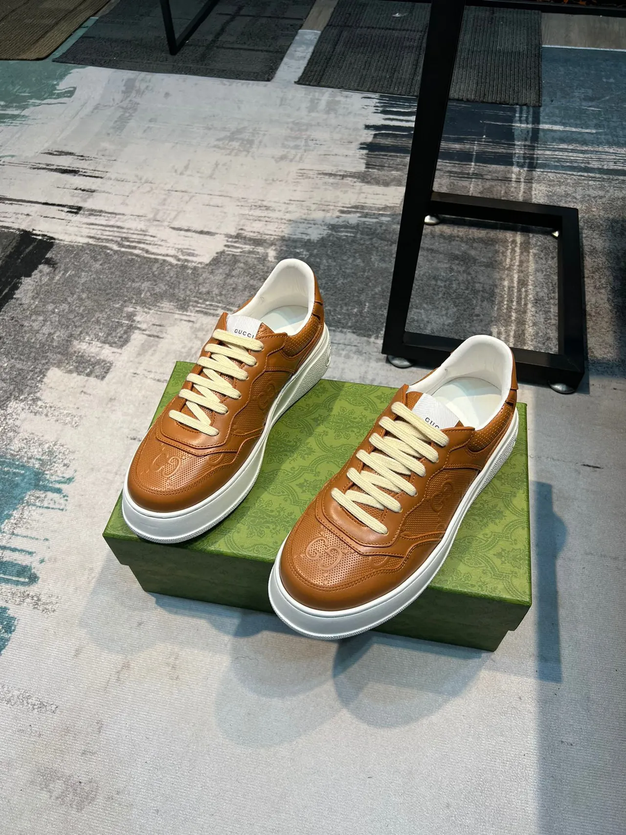 Gucci Brown White Embossed Interlocking G Logo Perforated Leather Panels Lifestyle Sneakers 5