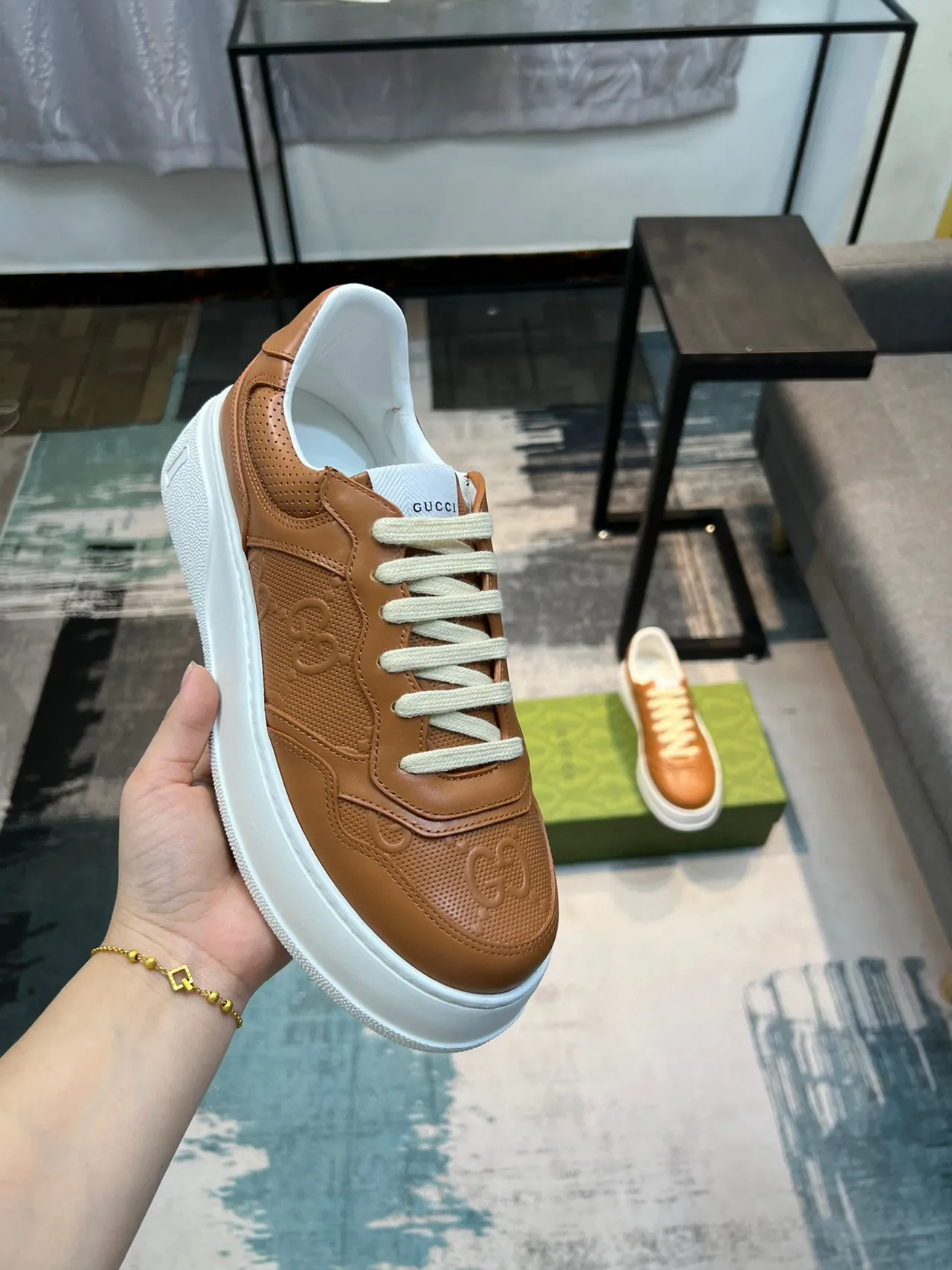 Gucci Brown White Embossed Interlocking G Logo Perforated Leather Panels Lifestyle Sneakers 6
