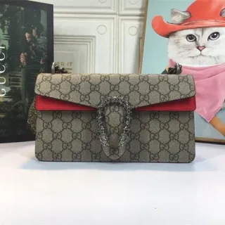 Gucci Dionysus Beige Red GG Monogram Canvas Leather Flap Trim Handbag