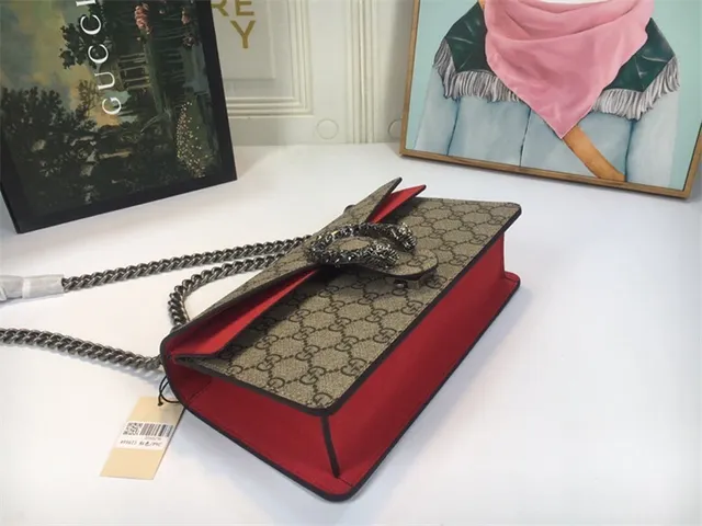 Gucci Dionysus بيج وأحمر GG Monogram قماش جلد غطاء تزيين حقيبة 23