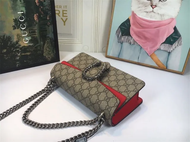 Gucci Dionysus بيج وأحمر GG Monogram قماش جلد غطاء تزيين حقيبة 24