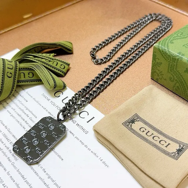 Gucci Dog Tag Pendant Silver Green Heavy Curb Chain Engraved GG Necklace 4