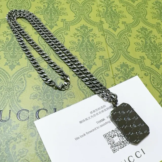Gucci Dog Tag Pendant Silver Green Heavy Curb Chain Engraved GG Necklace 5