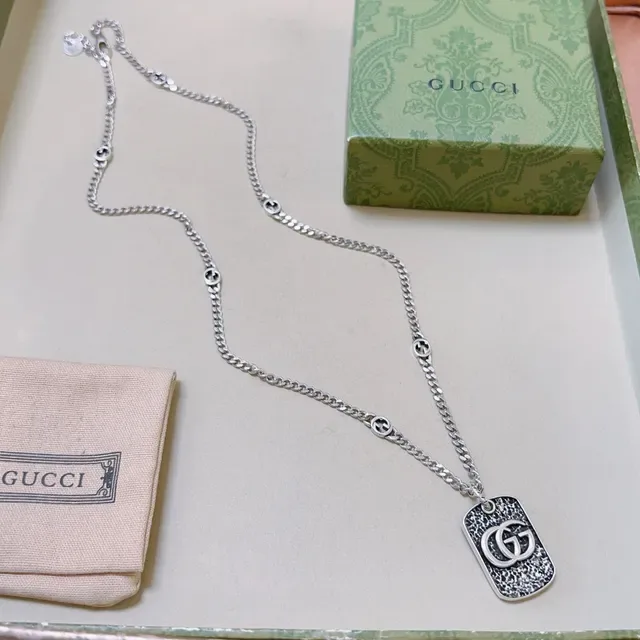 Gucci Dog Tag Silver Black Pendant Textured Oxidized Finish Necklace 4