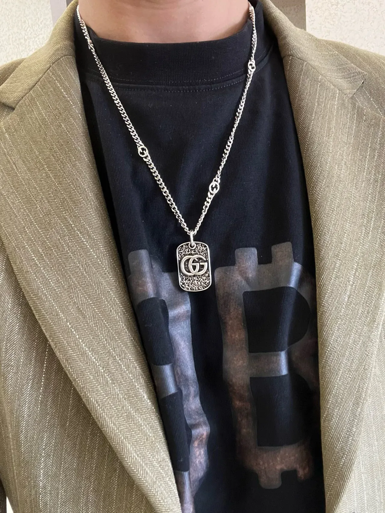 Gucci Dog Tag Silver Black Pendant Textured Oxidized Finish Necklace 5