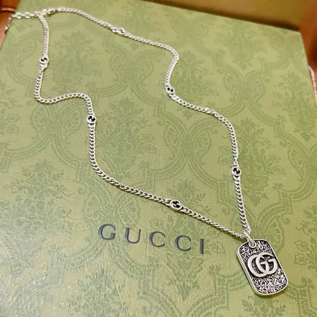 Gucci Dog Tag Silver Black Pendant Textured Oxidized Finish Necklace 8