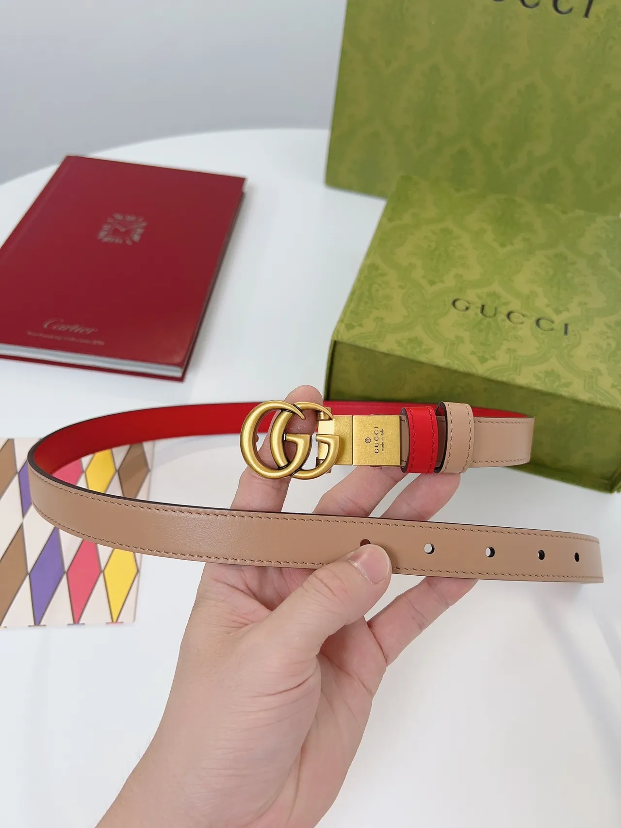 Gucci Double G حزام أحمر وبيج جلد 2