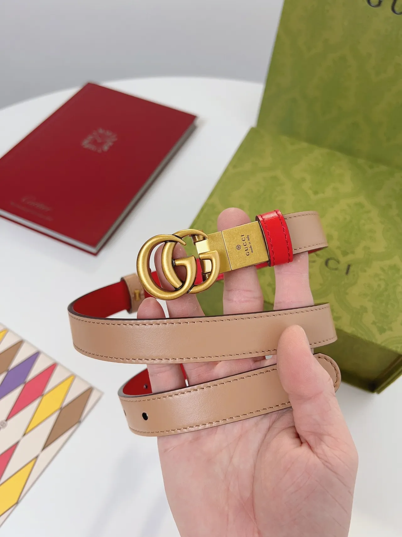 Gucci Double G حزام أحمر وبيج جلد 5
