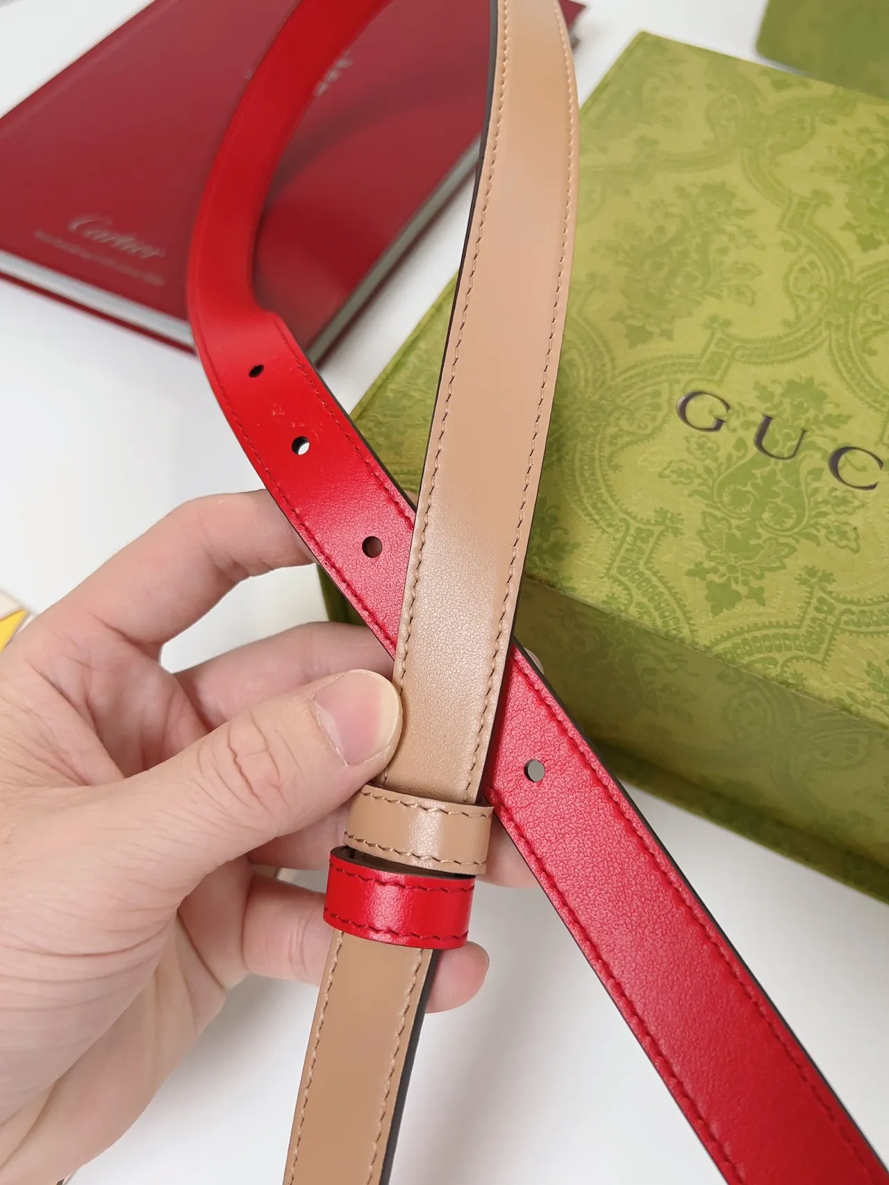 Gucci Double G حزام أحمر وبيج جلد 6