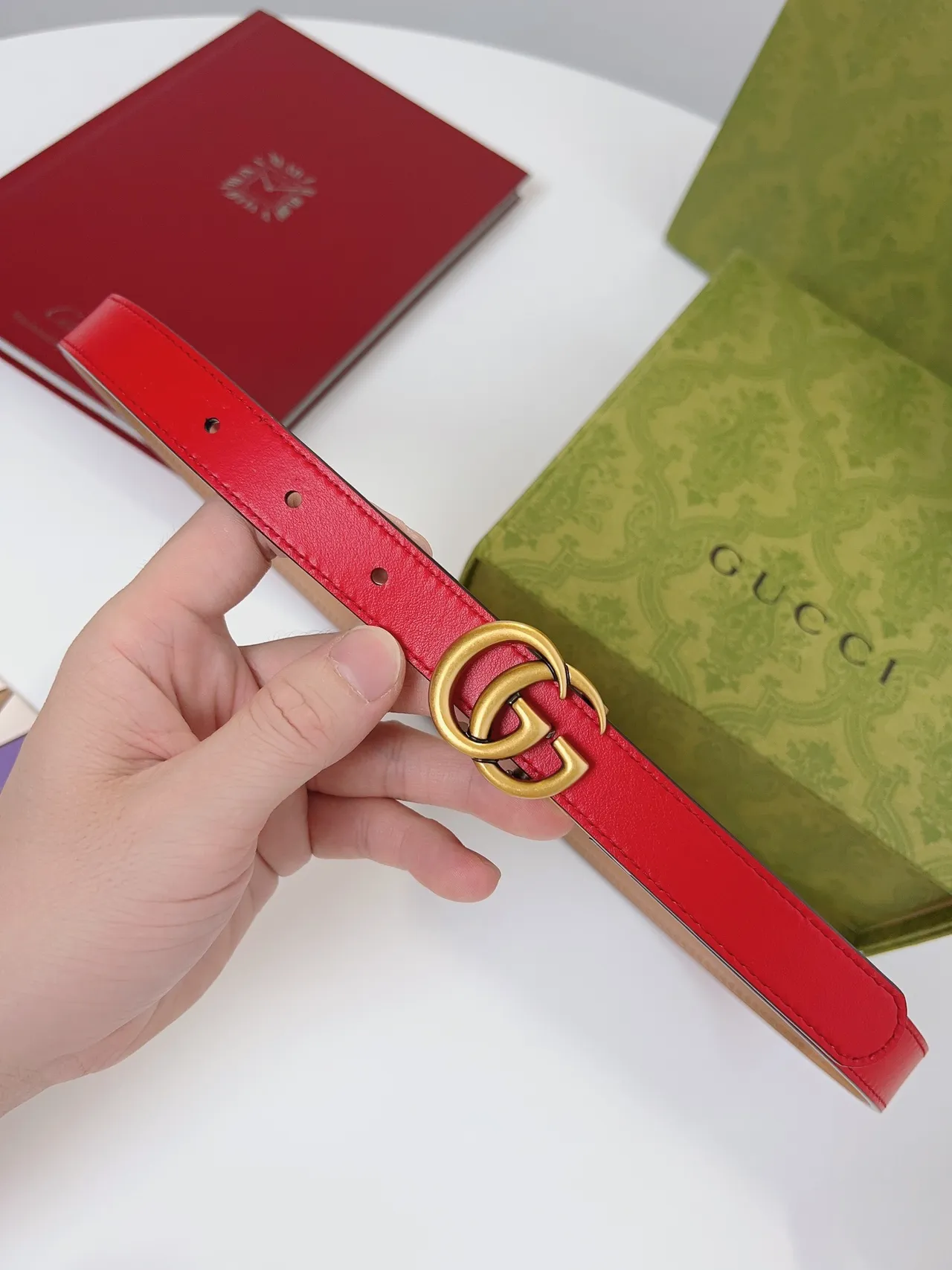 Gucci Double G حزام أحمر وبيج جلد 8