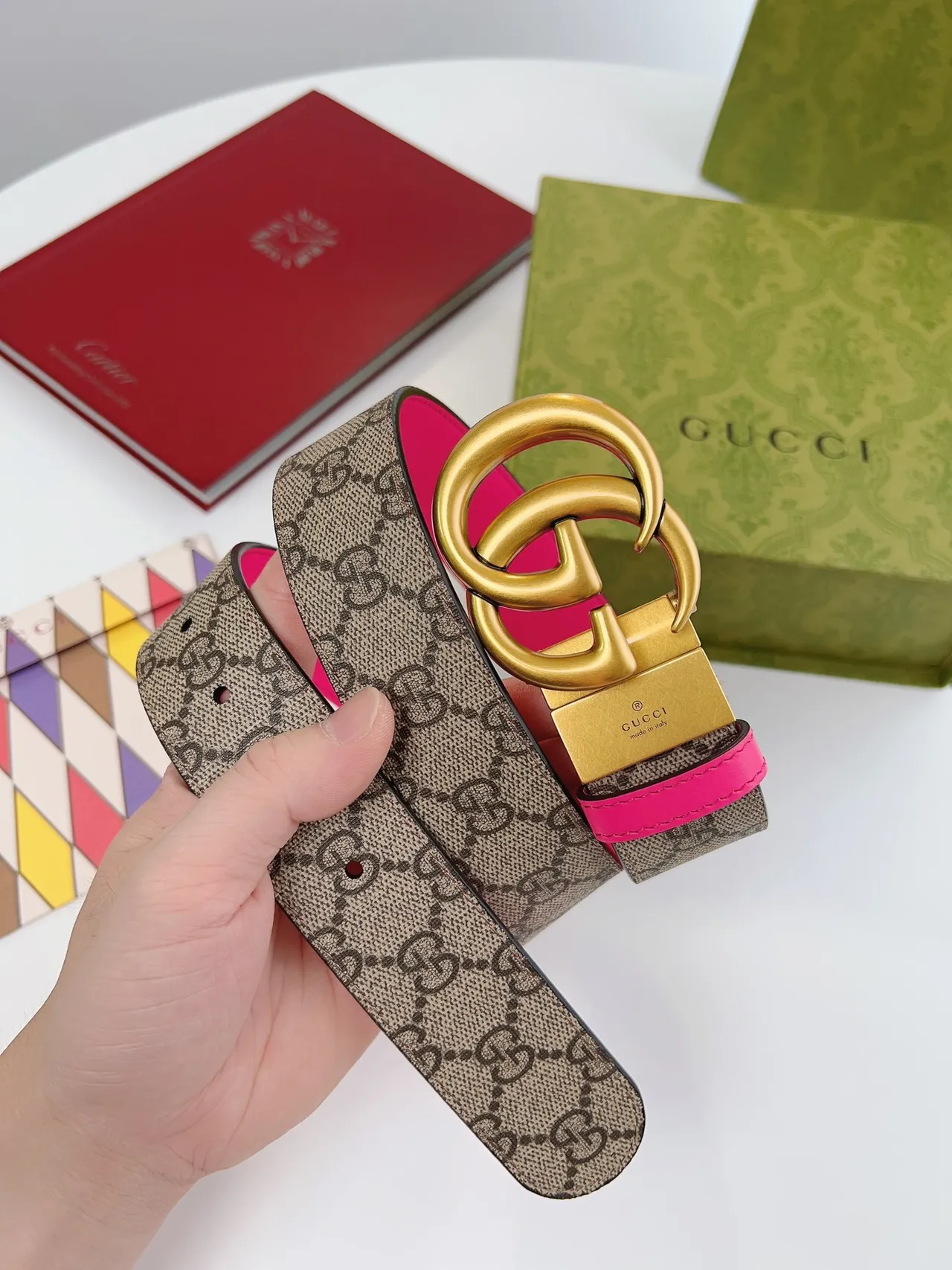 Gucci Double G Belt Reversible Pink and GG Monogram Leather Belt 2