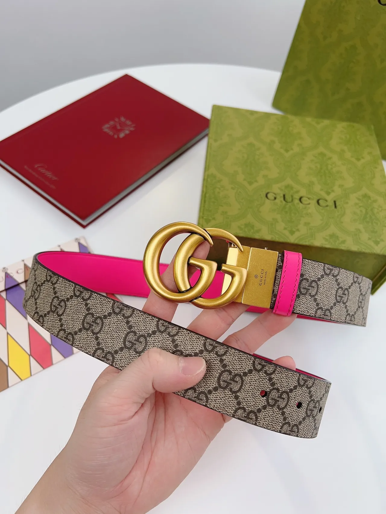 Gucci Double G Belt Reversible Pink and GG Monogram Leather Belt 3