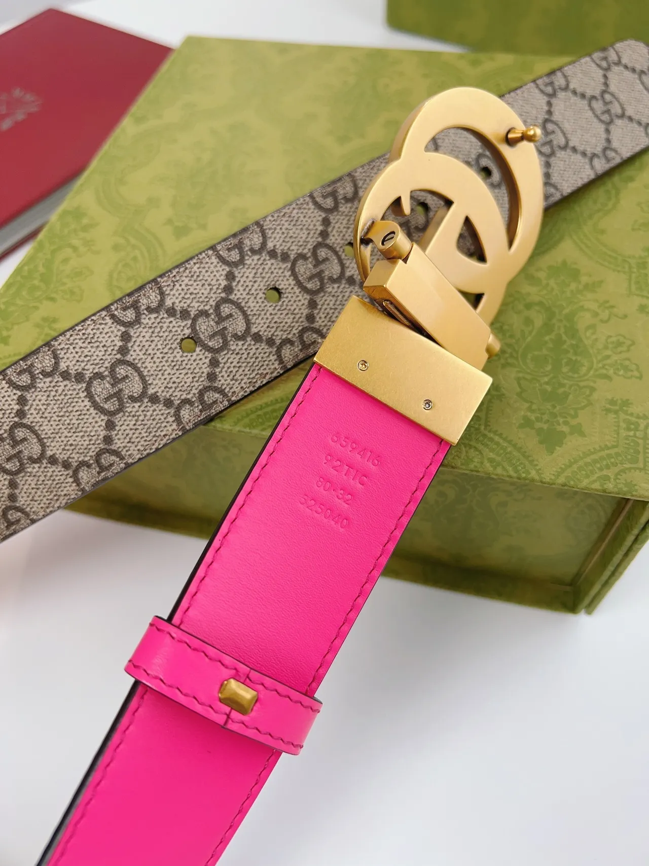 Gucci Double G Belt Reversible Pink and GG Monogram Leather Belt 4