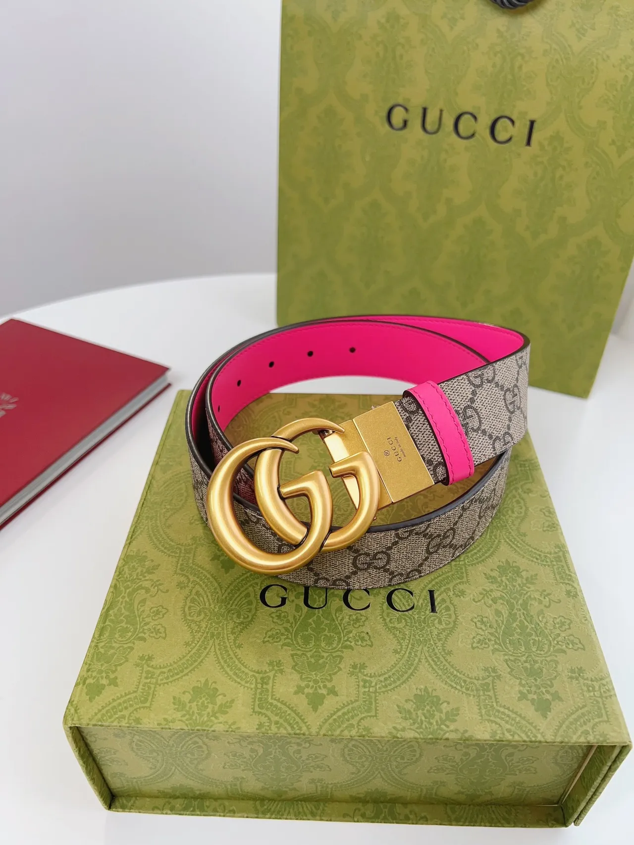 Gucci Double G Belt Reversible Pink and GG Monogram Leather Belt 5