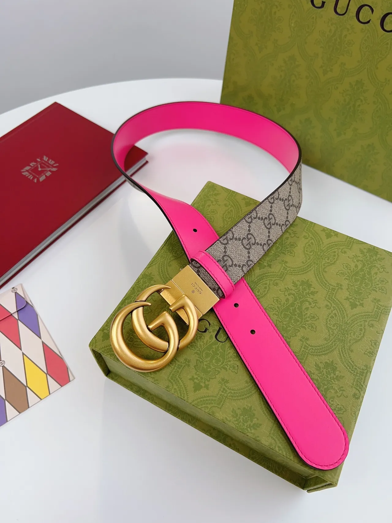 Gucci Double G Belt Reversible Pink and GG Monogram Leather Belt 6