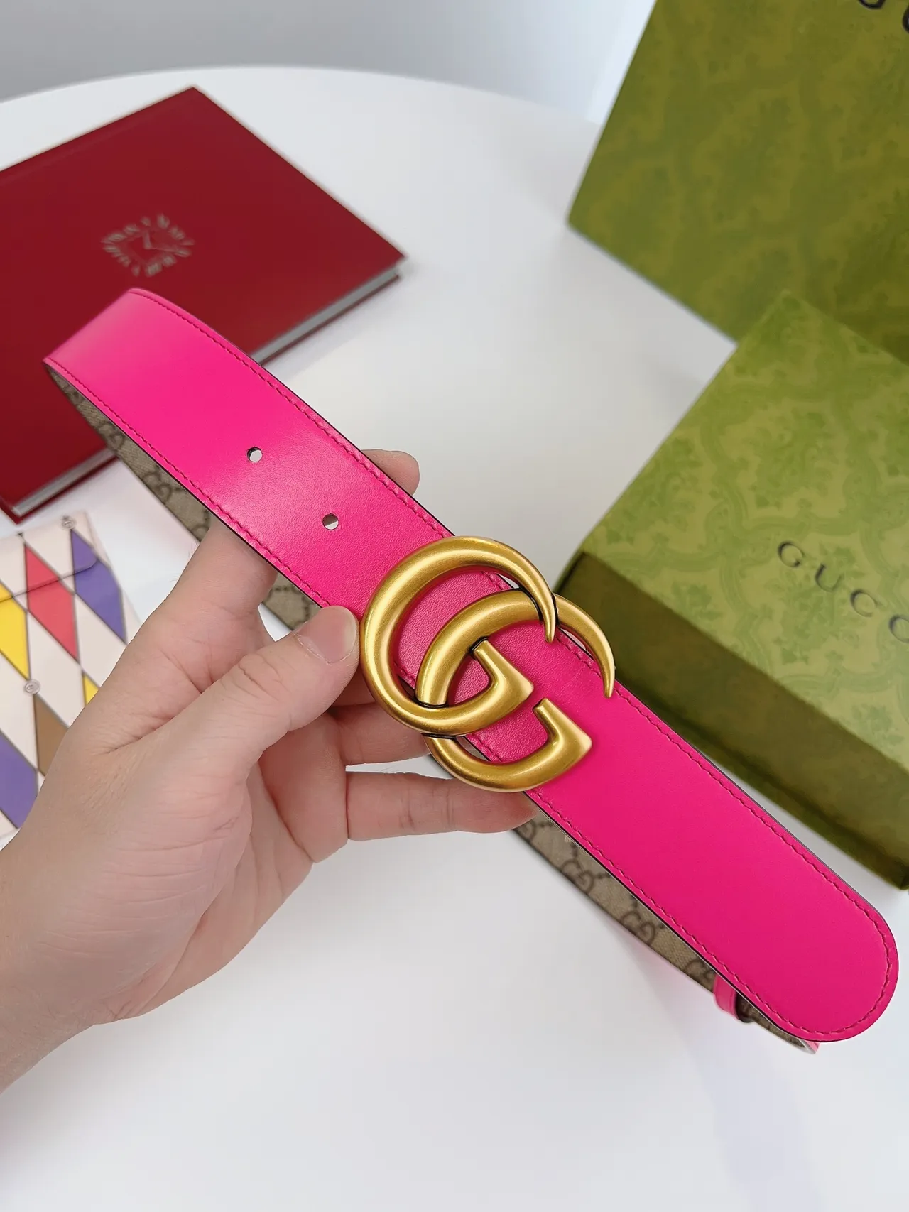 Gucci Double G Belt Reversible Pink and GG Monogram Leather Belt 7