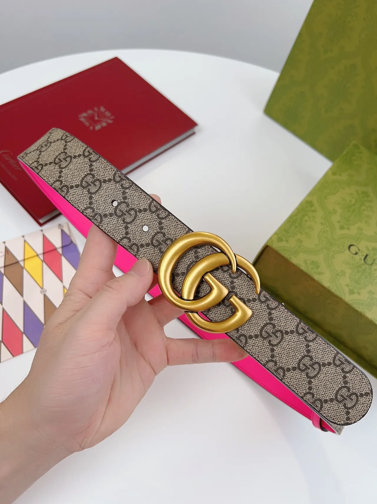 Gucci Double G Belt Reversible Pink and GG Monogram Leather Belt 8