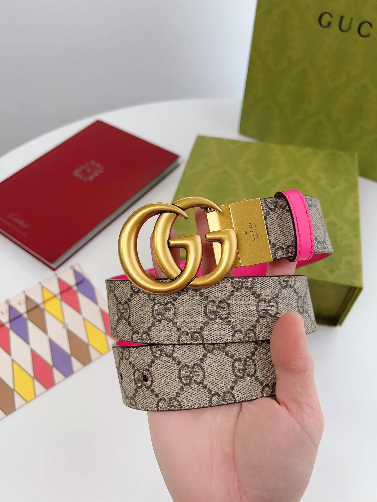 Gucci Double G Belt Reversible Pink and GG Monogram Leather Belt 9