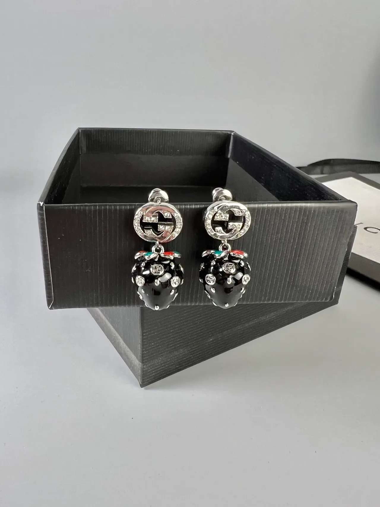 Gucci Double G Strawberry Enamel Crystal Earrings 2