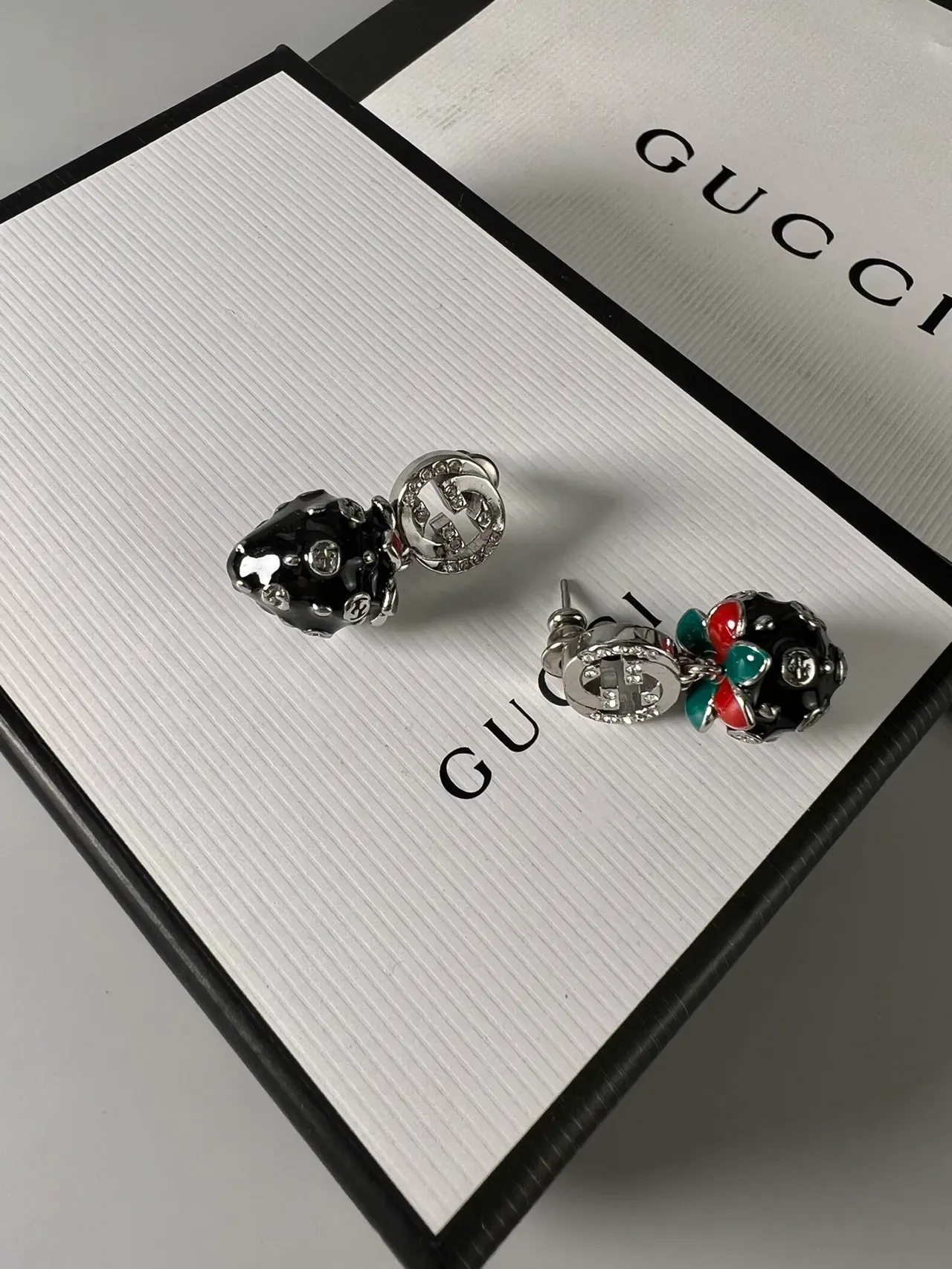 Gucci Double G Strawberry Enamel Crystal Earrings 6