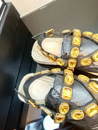 Gucci Embellished Crisscross Strap Jute Platform Gladiator Sandals 2