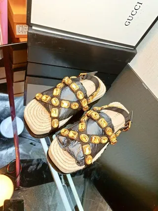 Gucci Embellished Crisscross Strap Jute Platform Gladiator Sandals 3