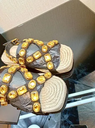 Gucci Embellished Crisscross Strap Jute Platform Gladiator Sandals 5