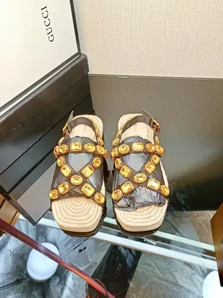 Gucci Embellished Crisscross Strap Jute Platform Gladiator Sandals 6