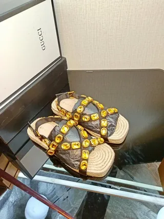 Gucci Embellished Crisscross Strap Jute Platform Gladiator Sandals 8