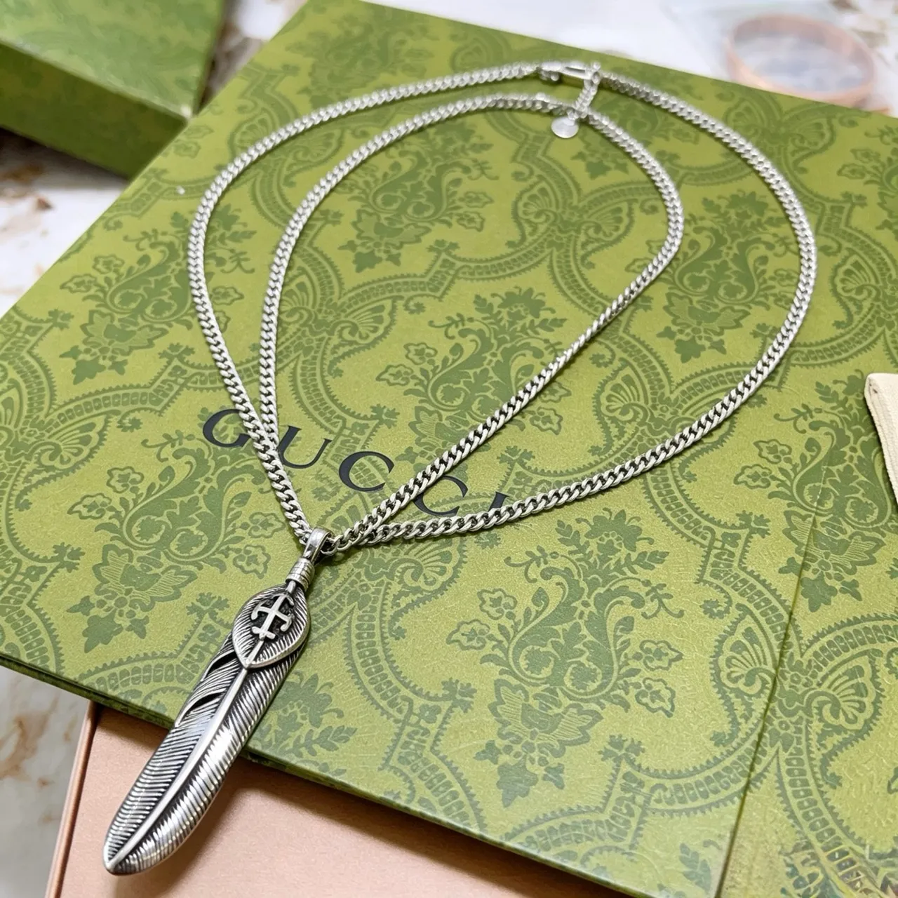 Gucci Feather Silver Pendant Necklace 2