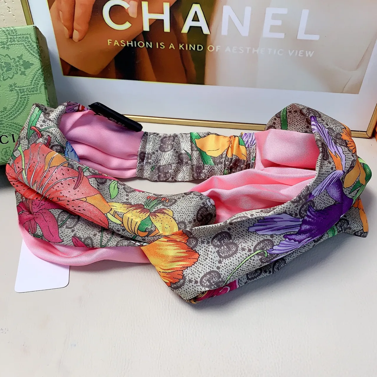 Gucci Floral Print GG Monogram Silk Scarf 9