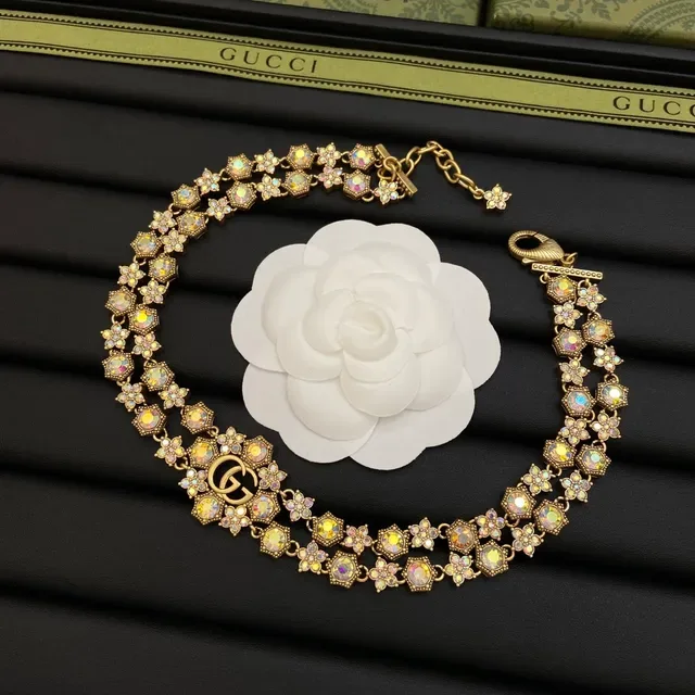 Gucci GG Floral Crystal Gold Multicolor Iridescent Necklace 7