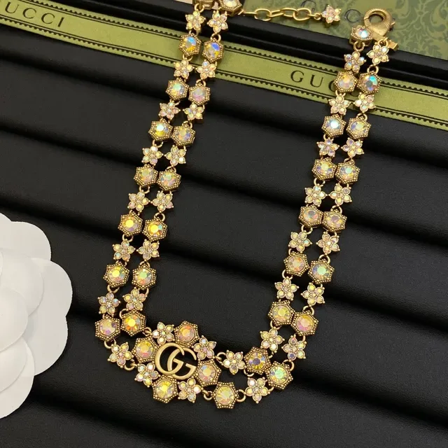 Gucci GG Floral Crystal Gold Multicolor Iridescent Necklace 8