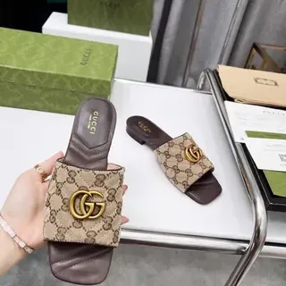Gucci GG Marmont Beige and Brown Monogram Canvas Slide Slippers