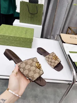 Gucci GG Marmont Beige and Brown Monogram Canvas Slide Slippers 3