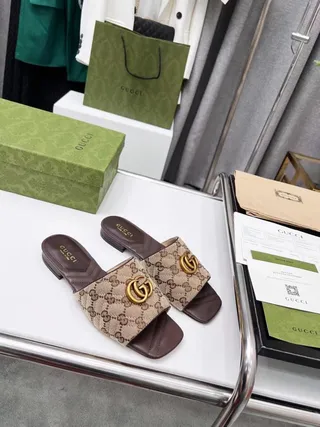 Gucci GG Marmont Beige and Brown Monogram Canvas Slide Slippers 4